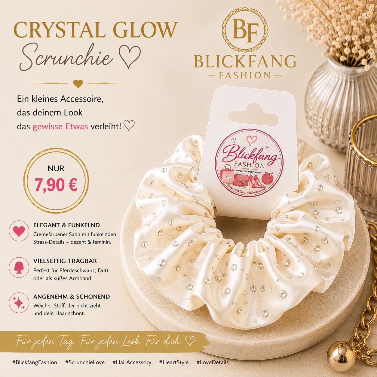 CRYSTAL GLOW – Funkelnder Satin-Scrunchie in Creme ✨