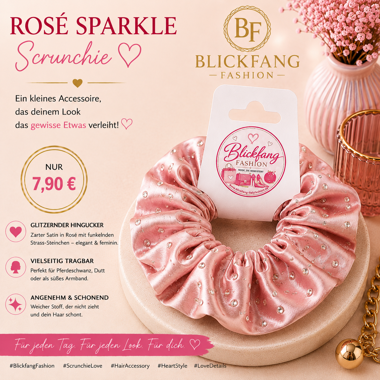 ROSÉ SPARKLE – Funkelnder Satin-Scrunchie mit Strass ✨🩷