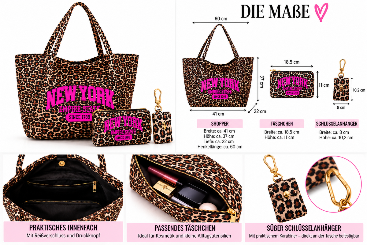 NEW YORK Leo Glam Shopper 🐆💗 | 3-teiliges Luxus-Taschenset mit pinkem Statement & Schlüsselanhänger