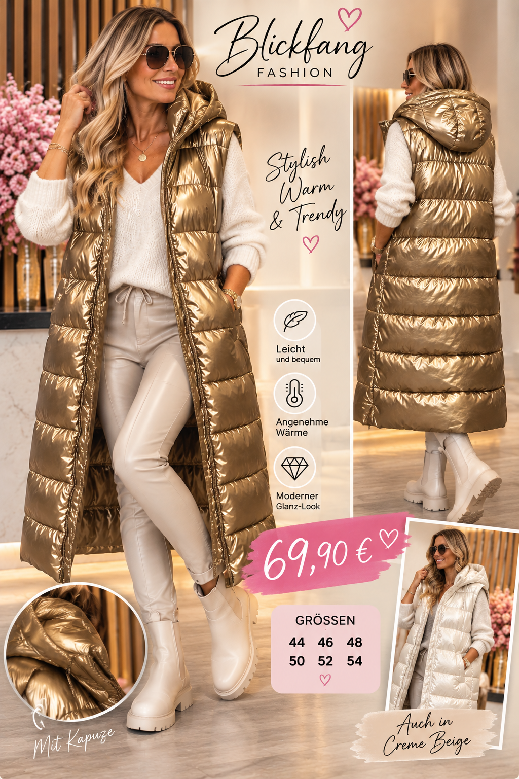 Luxury Glam Steppweste – Metallic Gold & Creme Beige | Gr. 44–54