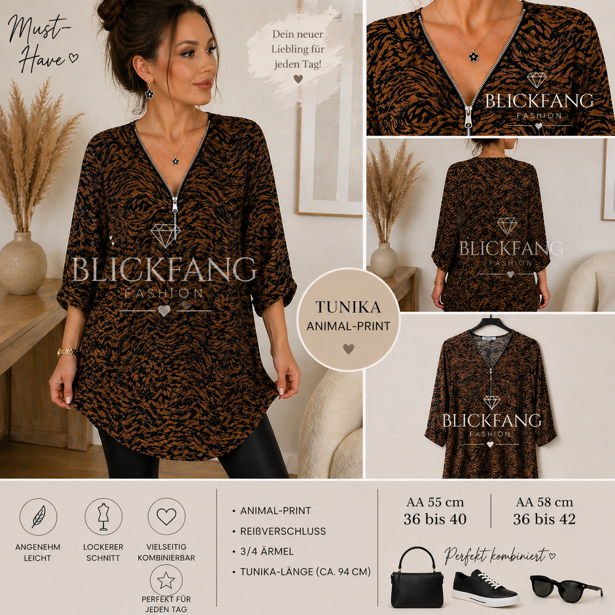 Trendige Tunika Shirt im Animal - Print