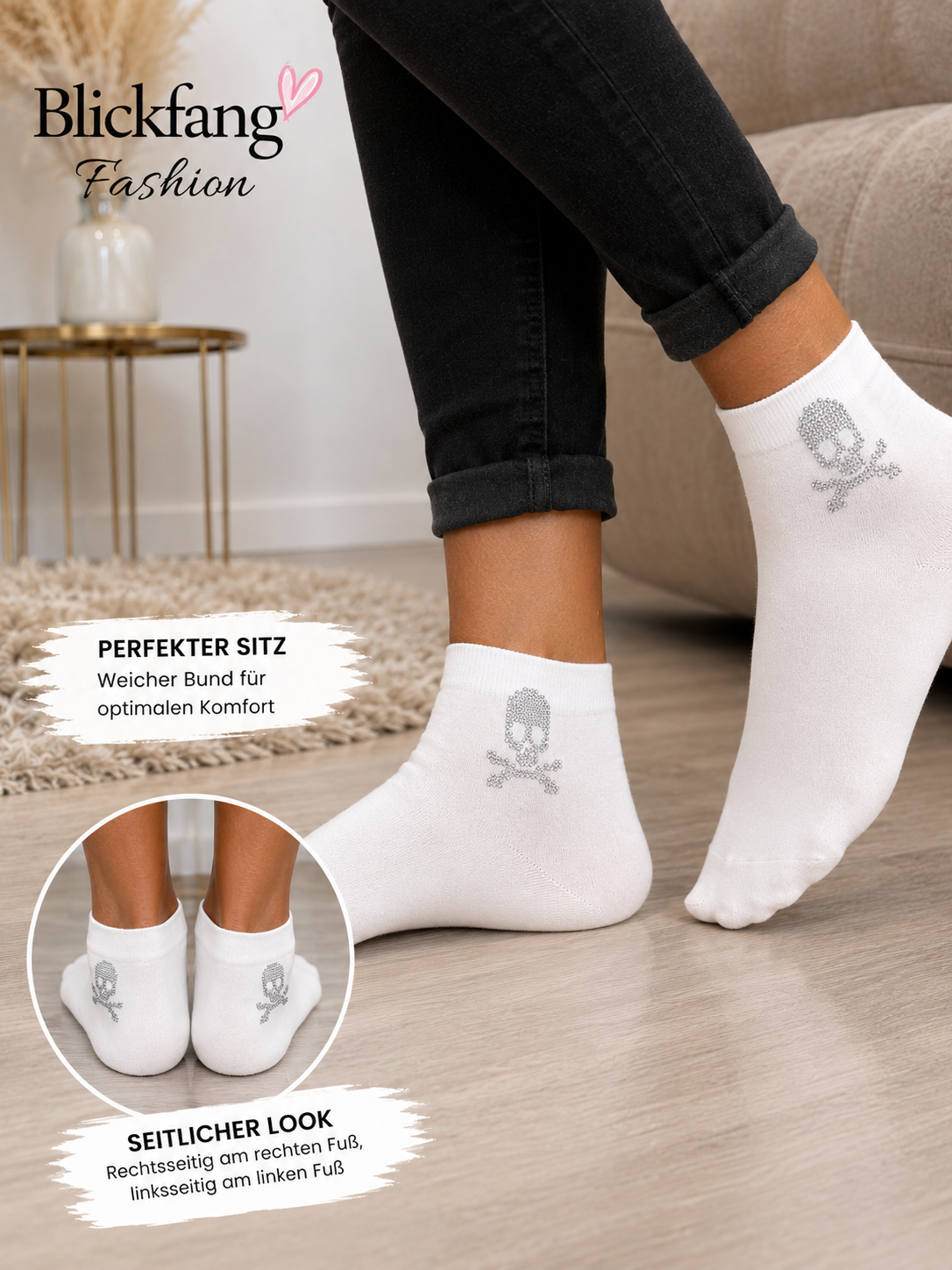 Strass-Totenkopf Sneaker-Socken – Stylischer Hingucker in Weiß | Baumwolle | Größe 36–41