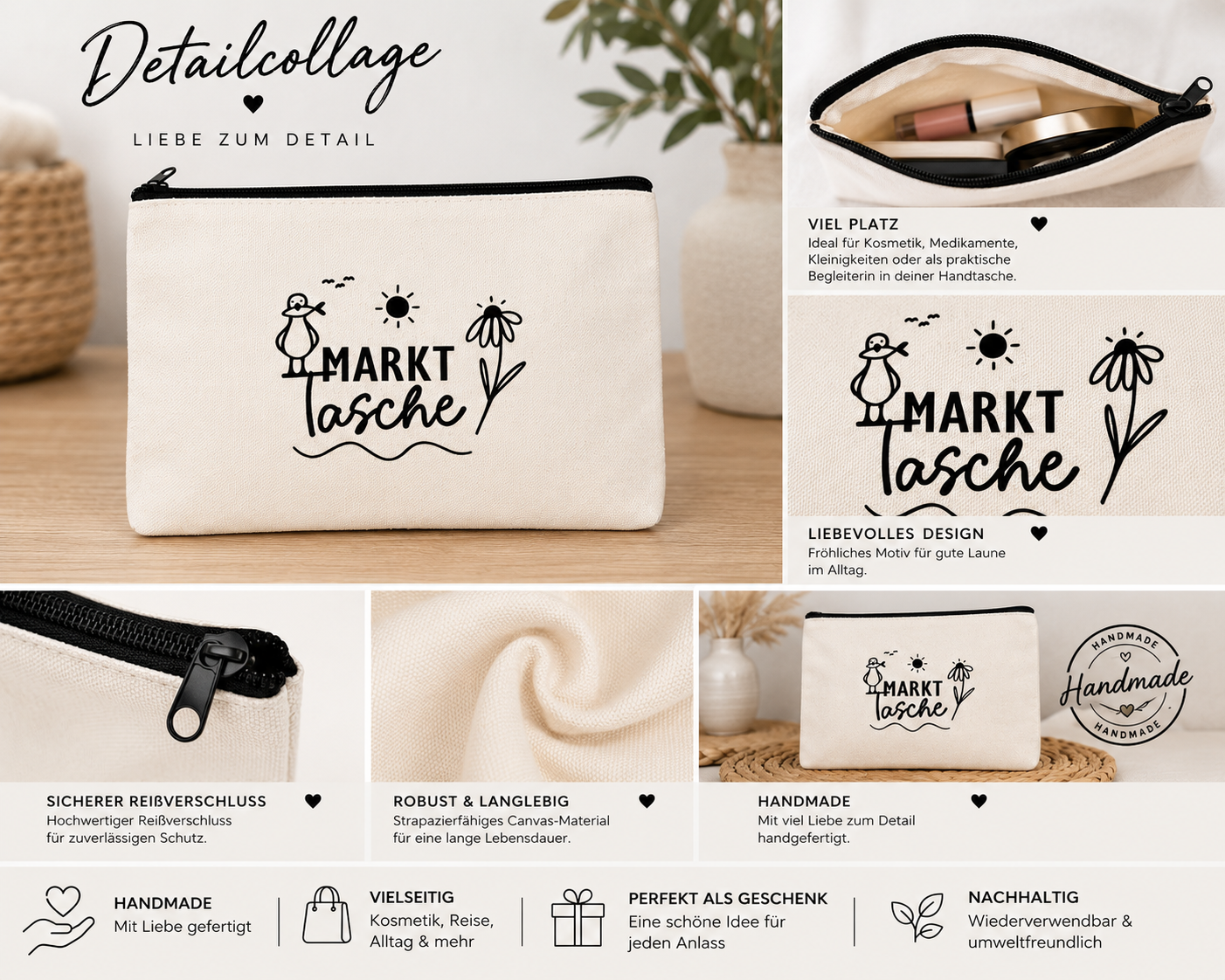 Handmade Markttasche aus Canvas – Praktische Kosmetiktasche & Alltagsbegleiter | Einführungspreis 12,90 €