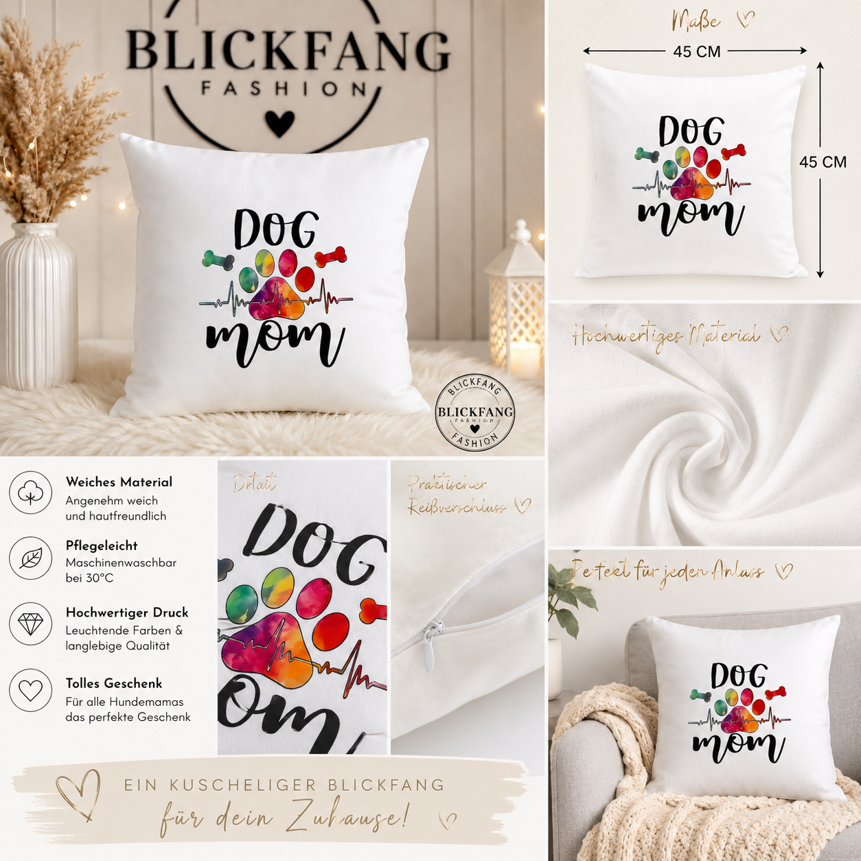 Kissenhülle „DOG MOM“ – Liebe auf vier Pfoten | 45 × 45 cm | Perfektes Geschenk für Hundefans