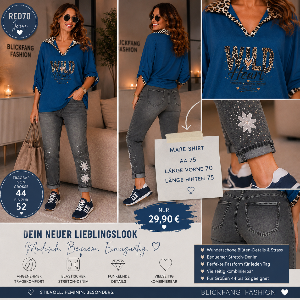 Wild Heart Oversize Shirt mit Leo-Kragen – Italienische Mode | Gr. 44–52 | Blau