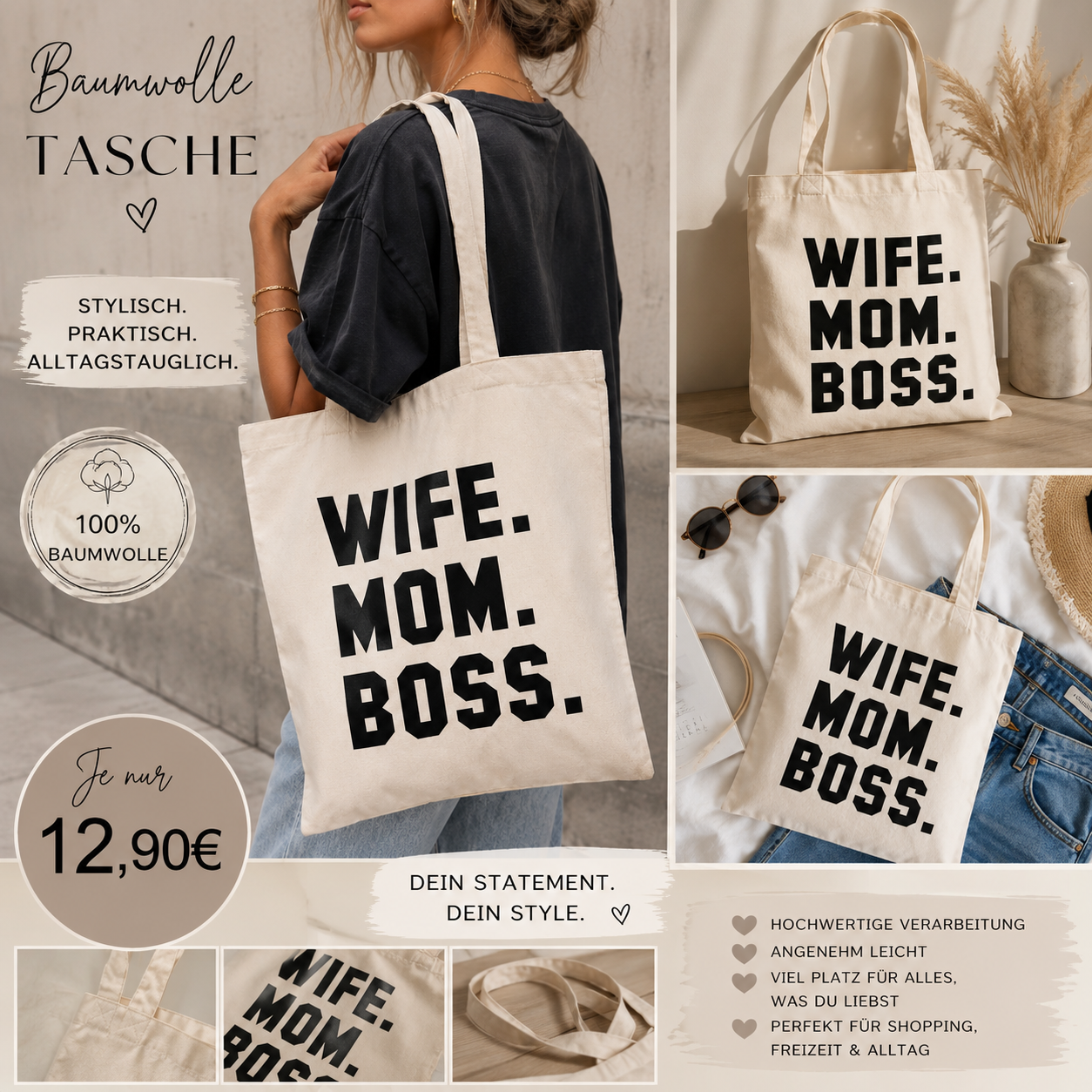 Statement Baumwolltasche – WIFE. MOM. BOSS. | Dein stylischer Alltagsbegleiter