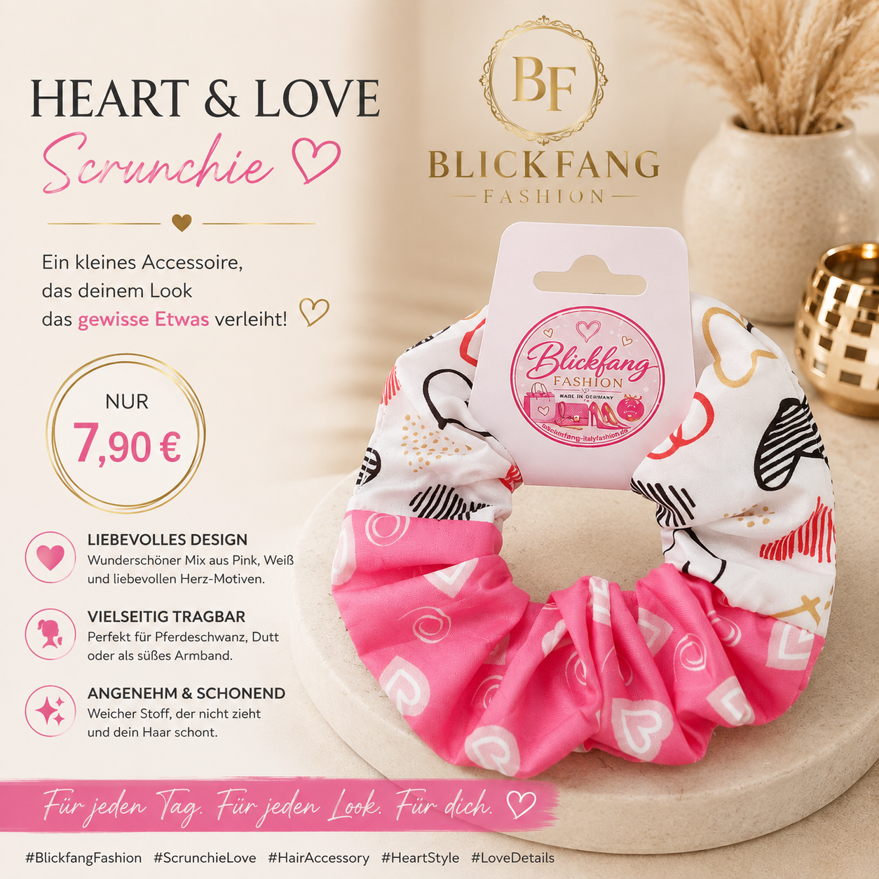 Heart & Love Scrunchie – Pink & White 8001