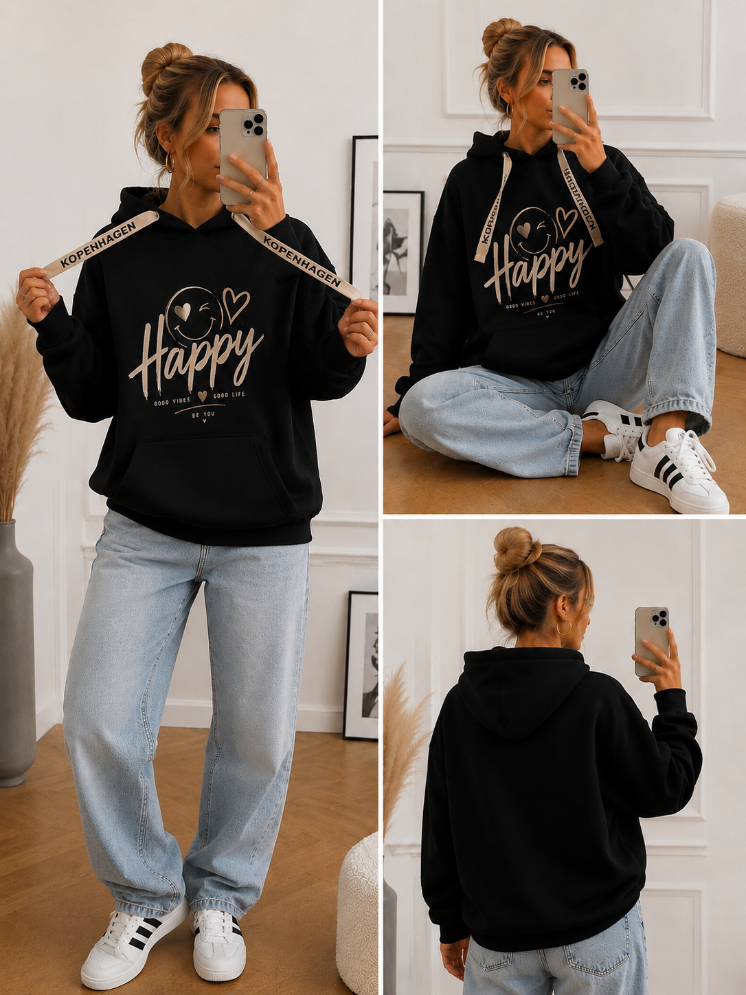 HAPPY Oversize Hoodie 🖤 Good Vibes Statement mit Kopenhagen-Bändern