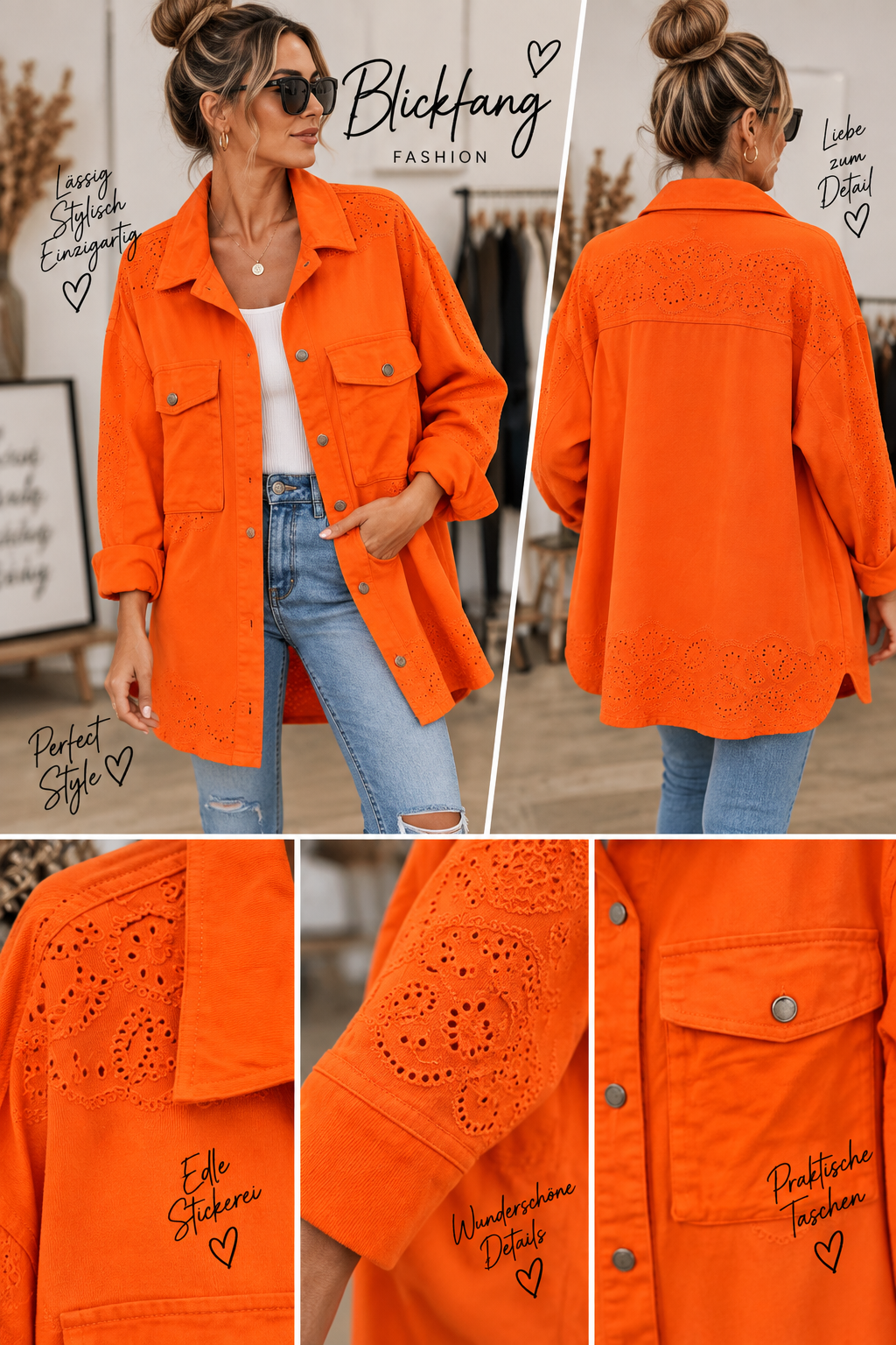 Statement Hemdjacke mit Lochstickerei – 3 Trendfarben