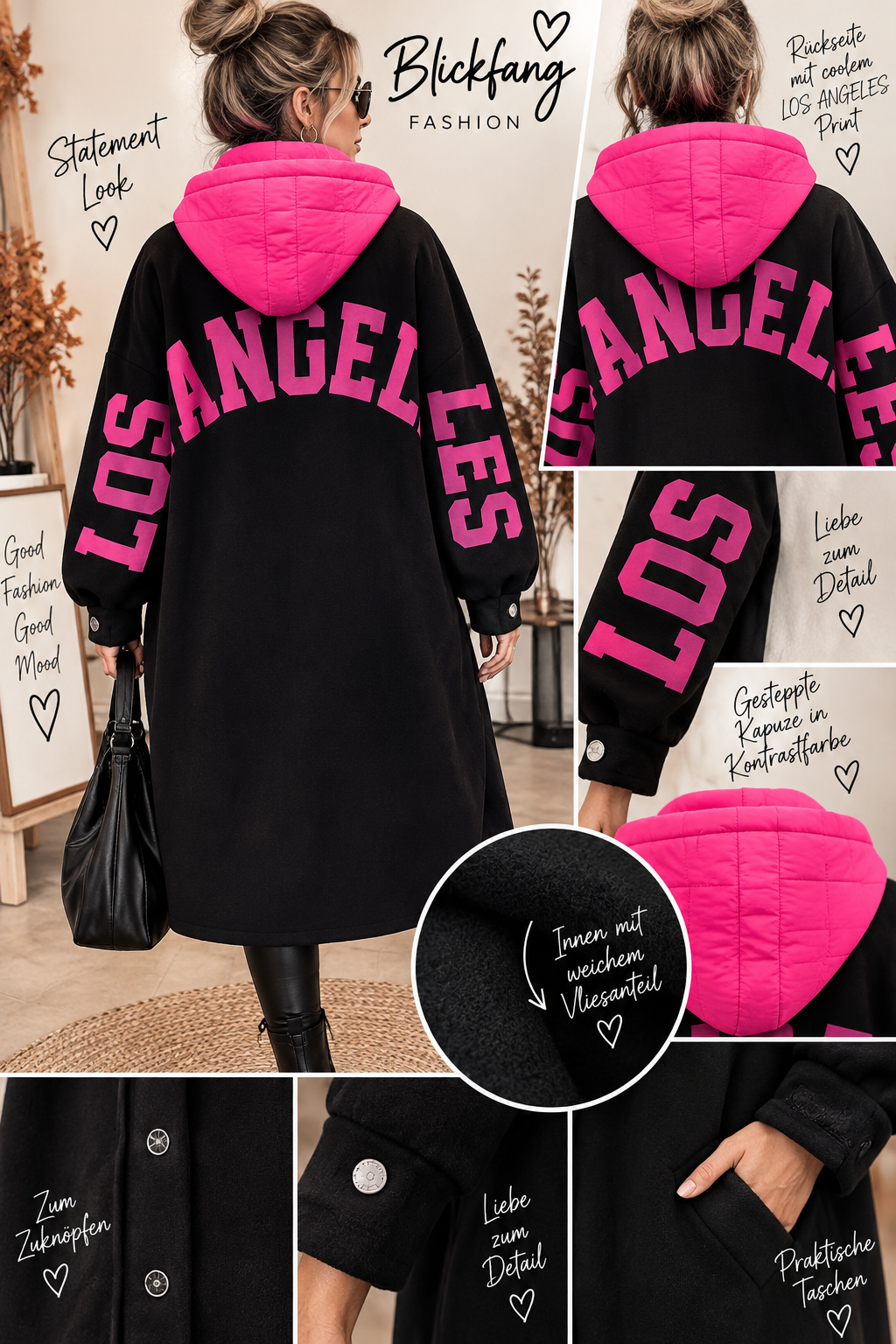 LOS ANGELES Statement Longjacke – Schwarz/Pink