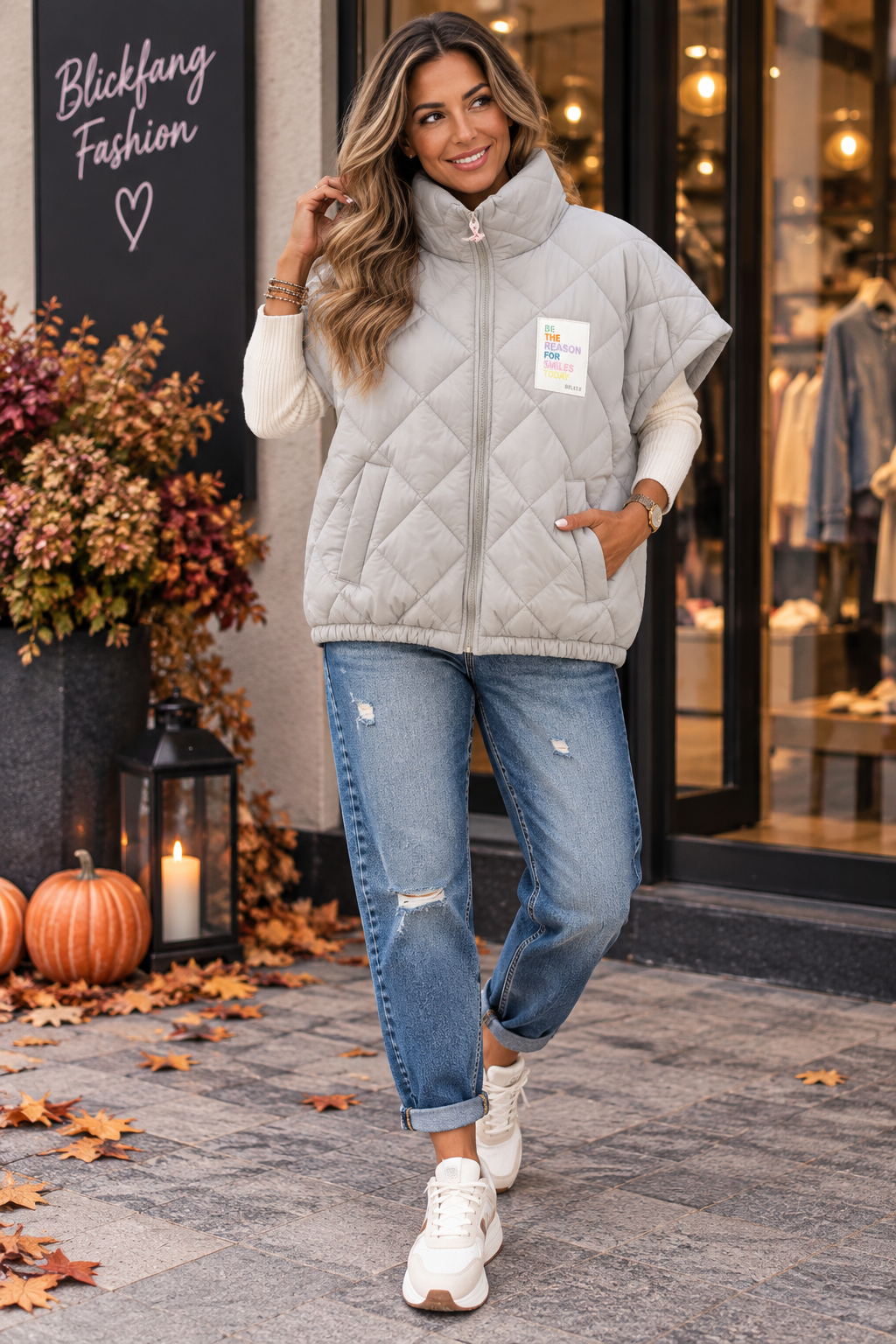 Steppweste „Pink & Eisgrau 😍Statement“ – Oversize mit Statement-Patch