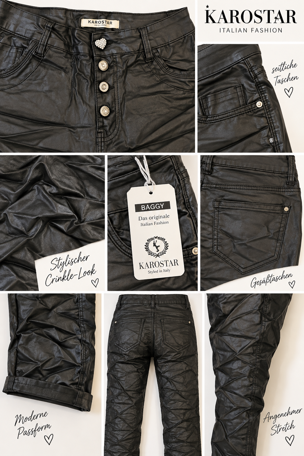 KAROSTAR Kunstlederhose „Crinkle“ – Schwarz | Stretch & Statement Look
