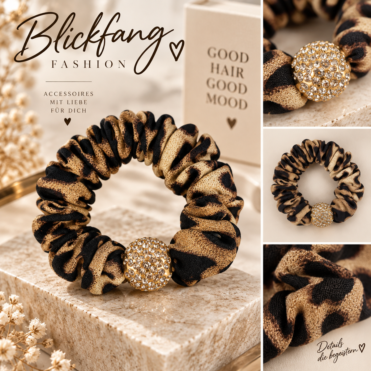đ Leo Glamour â Stylisches Scrunchie mit funkelnder Strasskugel | Haargummi im Leo-Look
