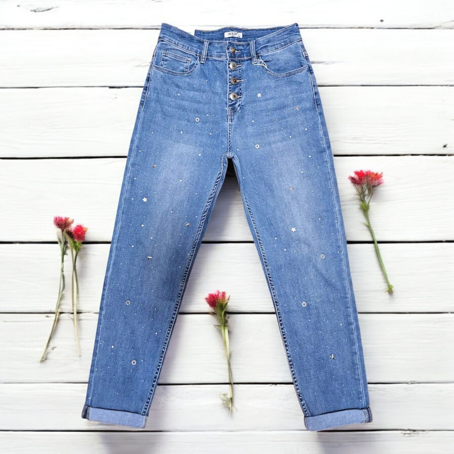 Damen Jeans mit Strass- und Sternen-Details – Trendiger Vintage-Look