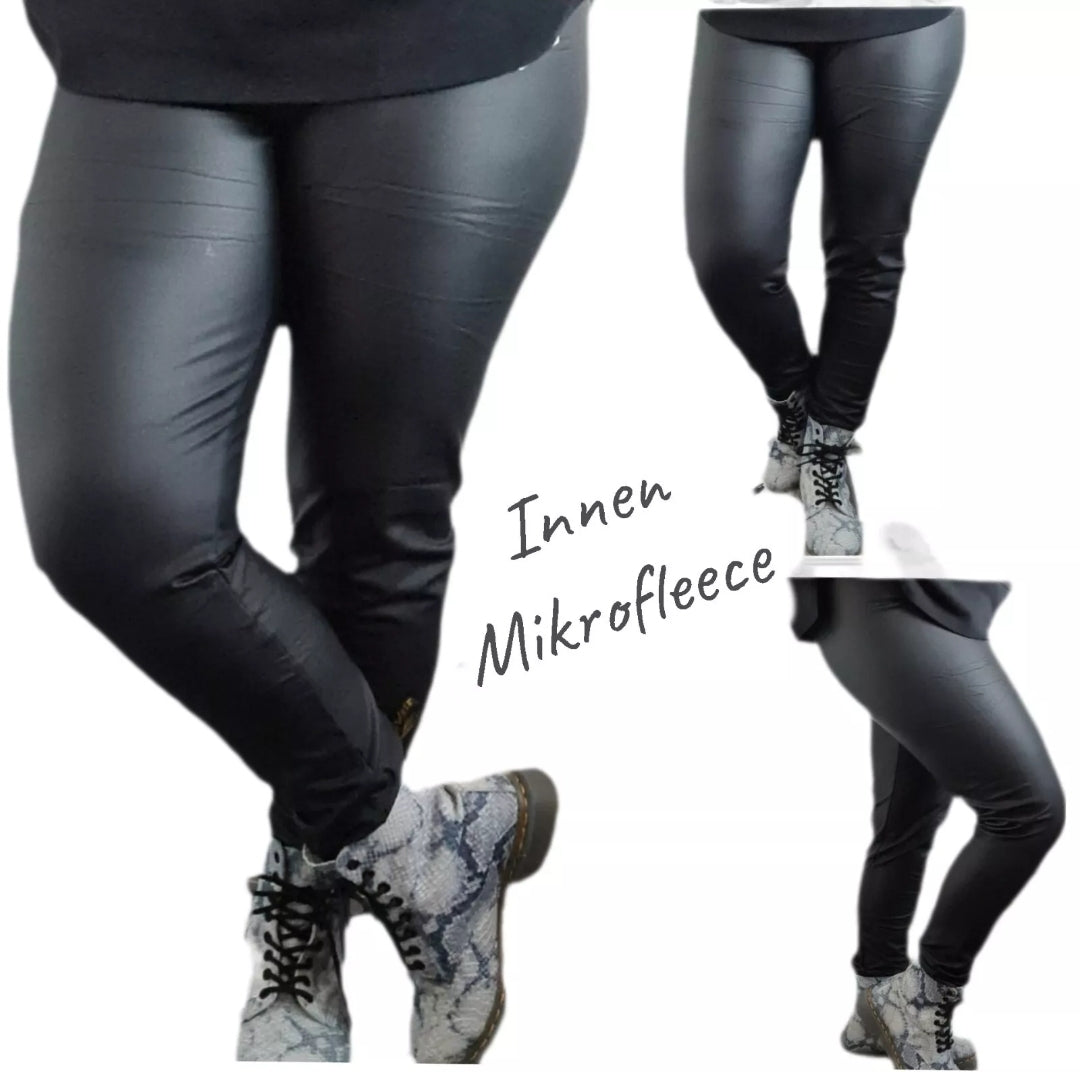 Damen Kunstleder Leggings Leggins Microfleece Hohe Taille Thermo Gr.42 44 46 48