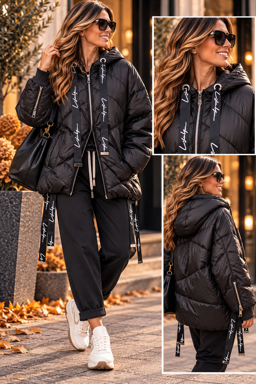 BLACK VIBES – Stylische Oversize-Steppjacke mit Statement-Bändern | Gr. 36–46