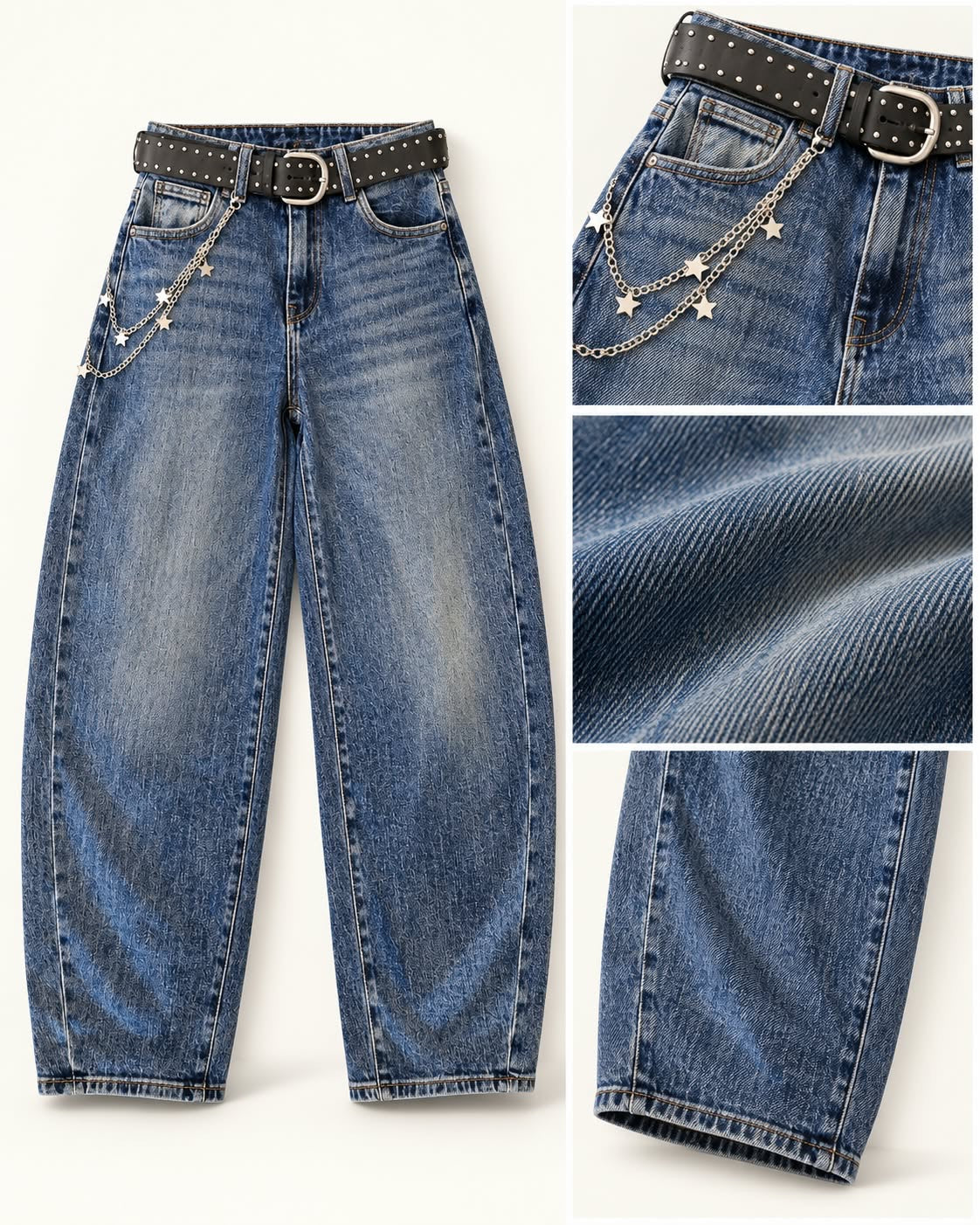 Trendige Ballon Jeans mit Gürtel & Sternchenkette – Denim Blue