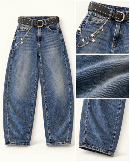 Trendige Ballon Jeans mit Gürtel & Sternchenkette – Denim Blue
