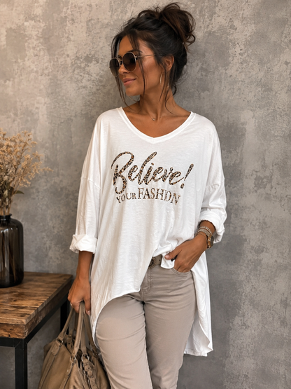 Oversize Shirt „Believe! Your Fashion“ – Stylischer Leo-Print | 4 Farben | One Size