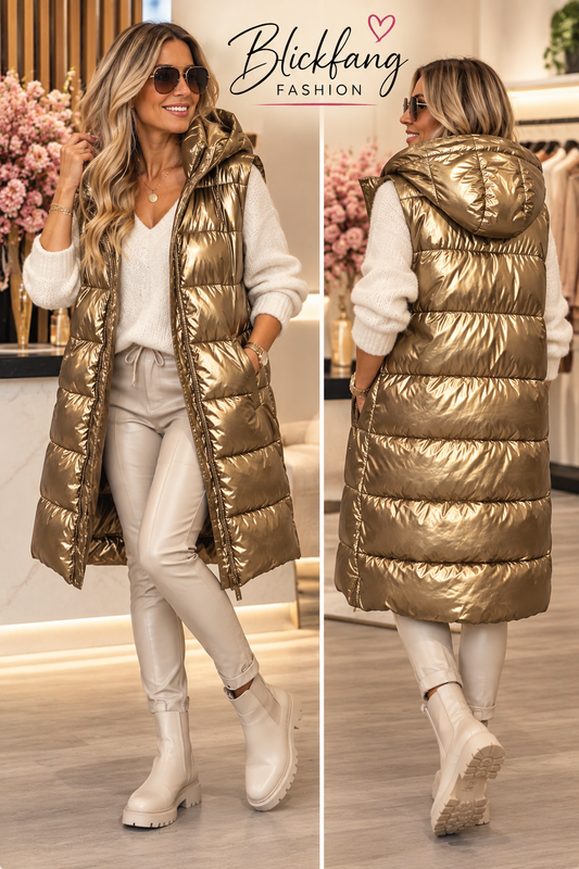 Luxury Glam Steppweste – Metallic Gold & Creme Beige | Gr. 44–54