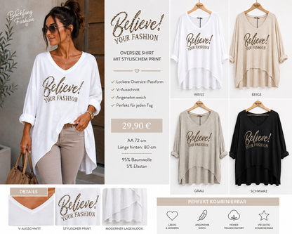 Oversize Shirt „Believe! Your Fashion“ – Stylischer Leo-Print | 4 Farben | One Size
