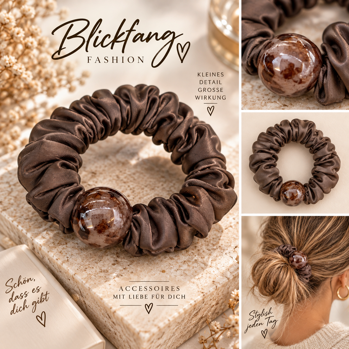 🤎 Marble Elegance – Stylisches Scrunchie mit marmorierter Schmuckperle | Schoko & Schwarz