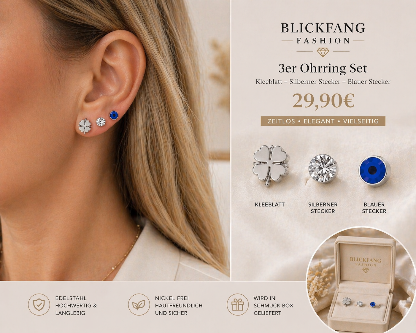 Edelstahl Ohrring Set - 3 Styles in einem Look