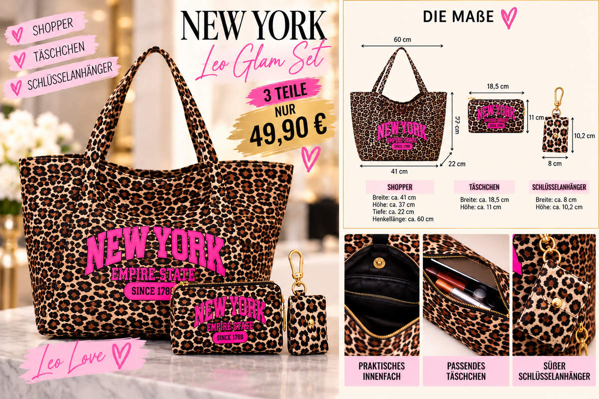 NEW YORK Leo Glam Shopper 🐆💗 | 3-teiliges Luxus-Taschenset mit pinkem Statement & Schlüsselanhänger