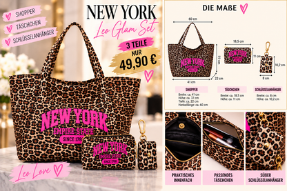 NEW YORK Leo Glam Shopper 🐆💗 | 3-teiliges Luxus-Taschenset mit pinkem Statement & Schlüsselanhänger