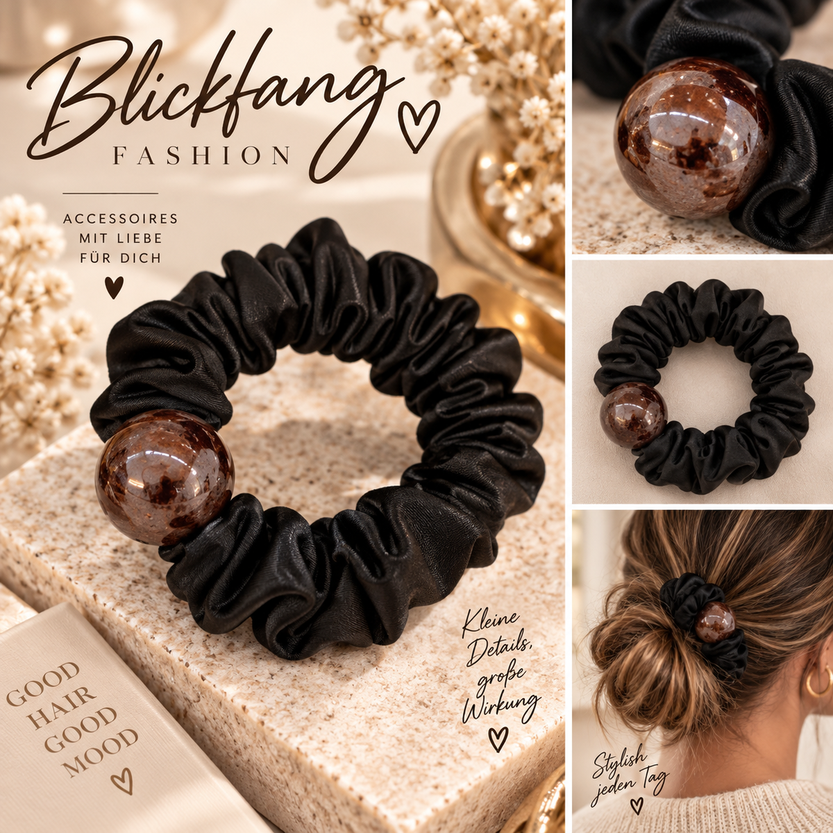 🤎 Marble Elegance – Stylisches Scrunchie mit marmorierter Schmuckperle | Schoko & Schwarz