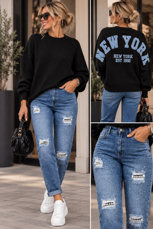 NEW YORK Oversize Pullover – Statement auf der Rückseite | 36–46