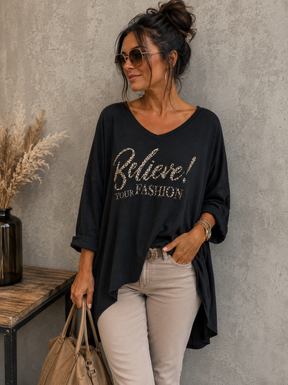 Oversize Shirt „Believe! Your Fashion“ – Stylischer Leo-Print | 4 Farben | One Size