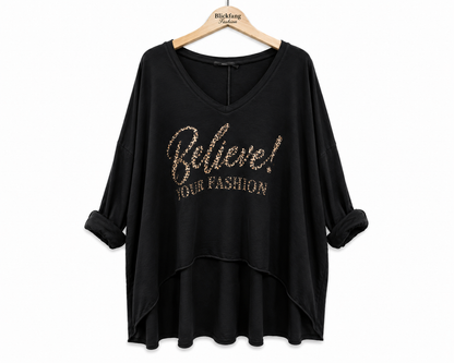 Oversize Shirt „Believe! Your Fashion“ – Stylischer Leo-Print | 4 Farben | One Size