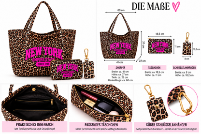 NEW YORK Leo Glam Shopper 🐆💗 | 3-teiliges Luxus-Taschenset mit pinkem Statement & Schlüsselanhänger