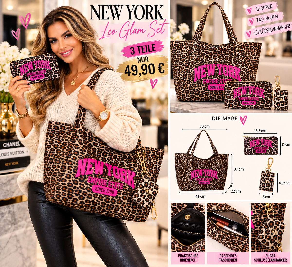 NEW YORK Leo Glam Shopper 🐆💗 | 3-teiliges Luxus-Taschenset mit pinkem Statement & Schlüsselanhänger