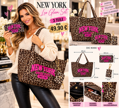 NEW YORK Leo Glam Shopper 🐆💗 | 3-teiliges Luxus-Taschenset mit pinkem Statement & Schlüsselanhänger