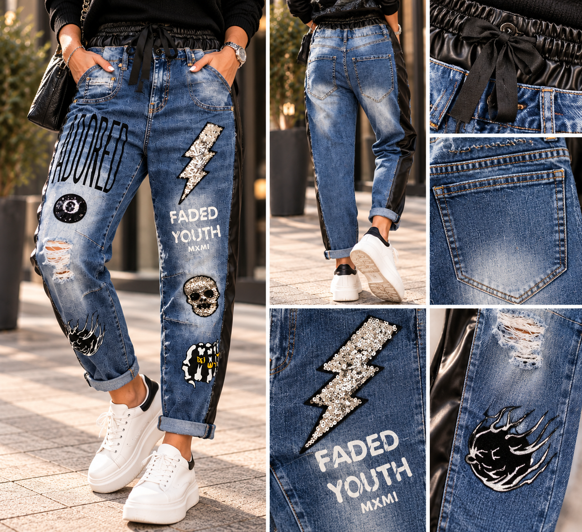 Sexy Women Premium Statement Jeans ❤️ mit Strass, Patches & Lederlook | S–XL