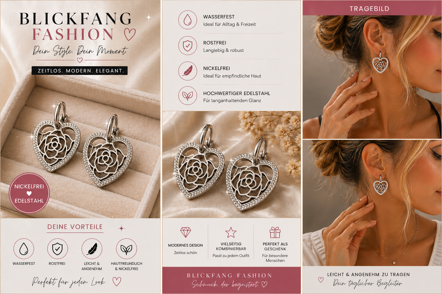 Herz - Ohrringe mit Rosen - Design