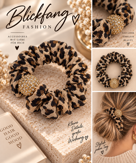 🐆 Leo Glamour – Stylisches Scrunchie mit funkelnder Strasskugel | Dein neues Must-have