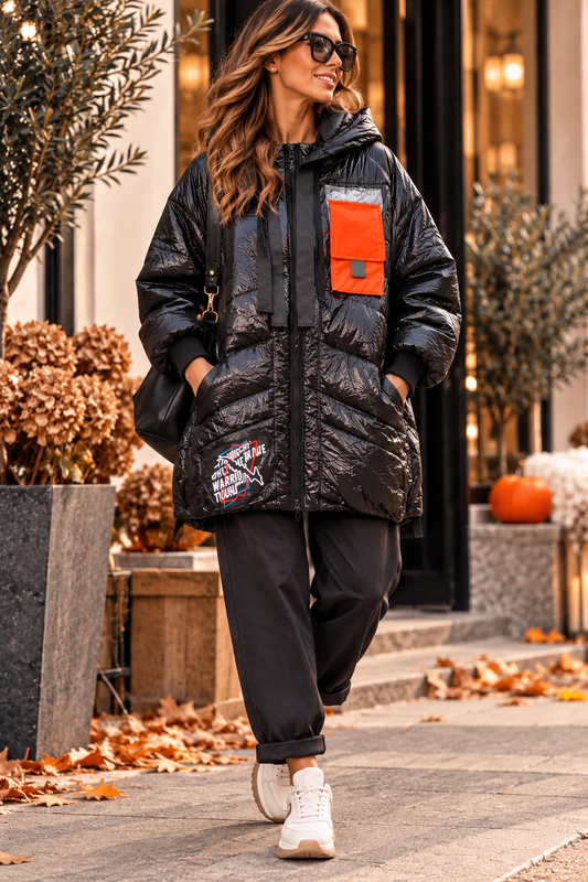 Black Shine – Oversize Long-Jacke mit Statement-Tasche & Kapuze | Bestseller
