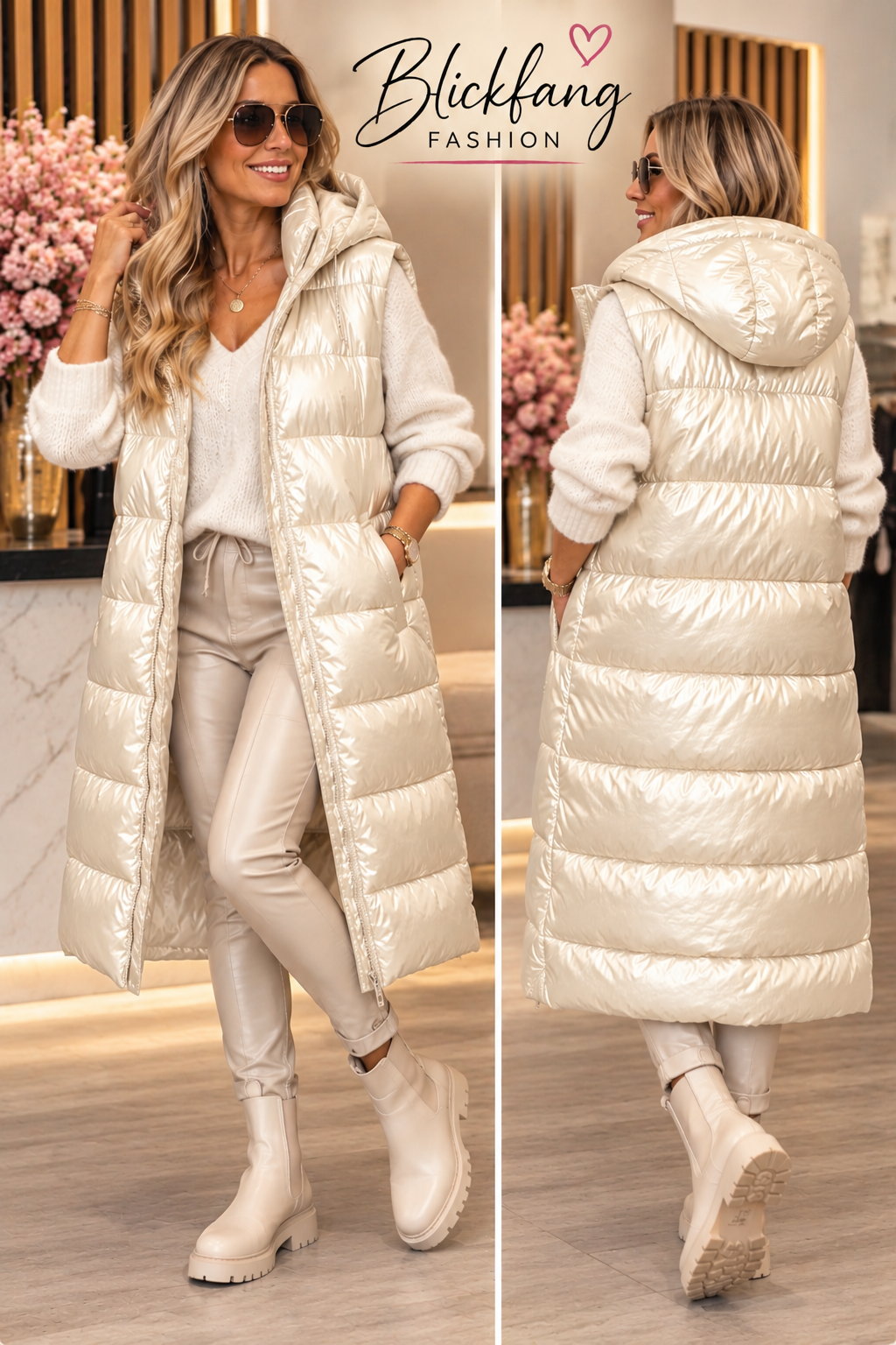 Luxury Glam Steppweste – Metallic Gold & Creme Beige | Gr. 44–54