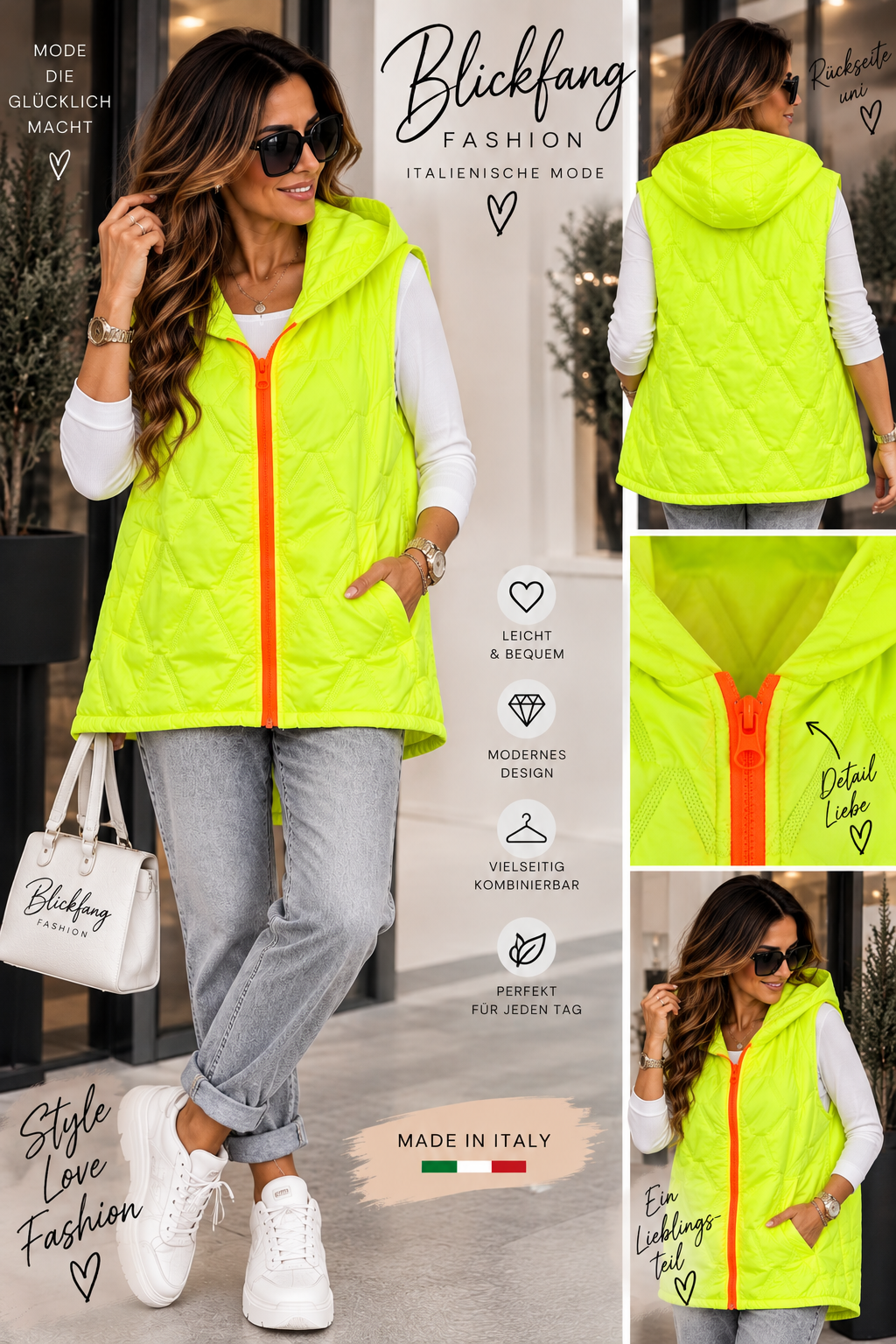 Neon Glow – Stylische Steppweste mit Kapuze & Neon-Reißverschluss | Made in Italy