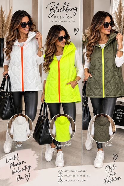 Neon Glow – Stylische Steppweste mit Kapuze & Neon-Reißverschluss | Made in Italy