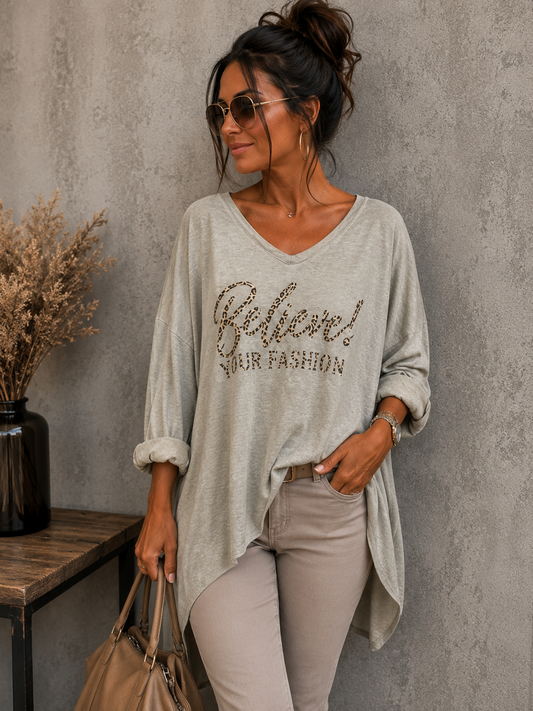 Oversize Shirt „Believe! Your Fashion“ – Stylischer Leo-Print | 4 Farben | One Size