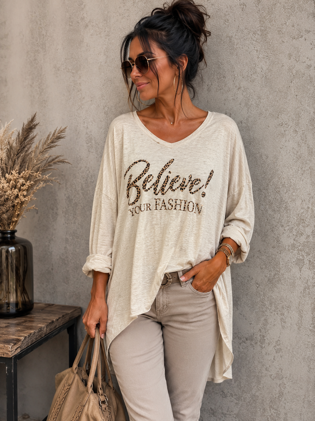 Oversize Shirt „Believe! Your Fashion“ – Stylischer Leo-Print | 4 Farben | One Size
