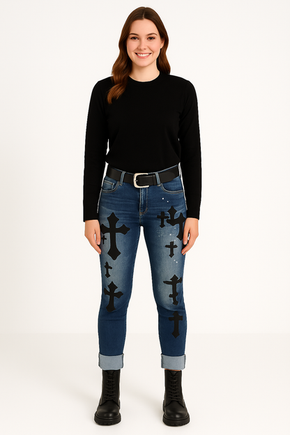 🖤 Rockige Jeans mit Kreuz-Print – Stylisch & auffällig! 🖤