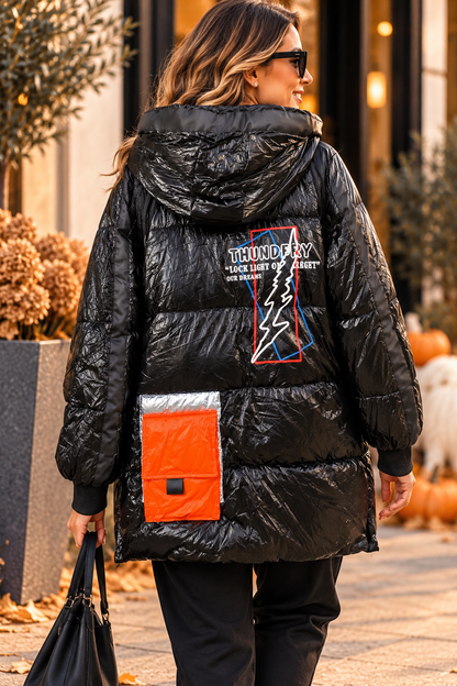 Black Shine – Oversize Long-Jacke mit Statement-Tasche & Kapuze | Bestseller