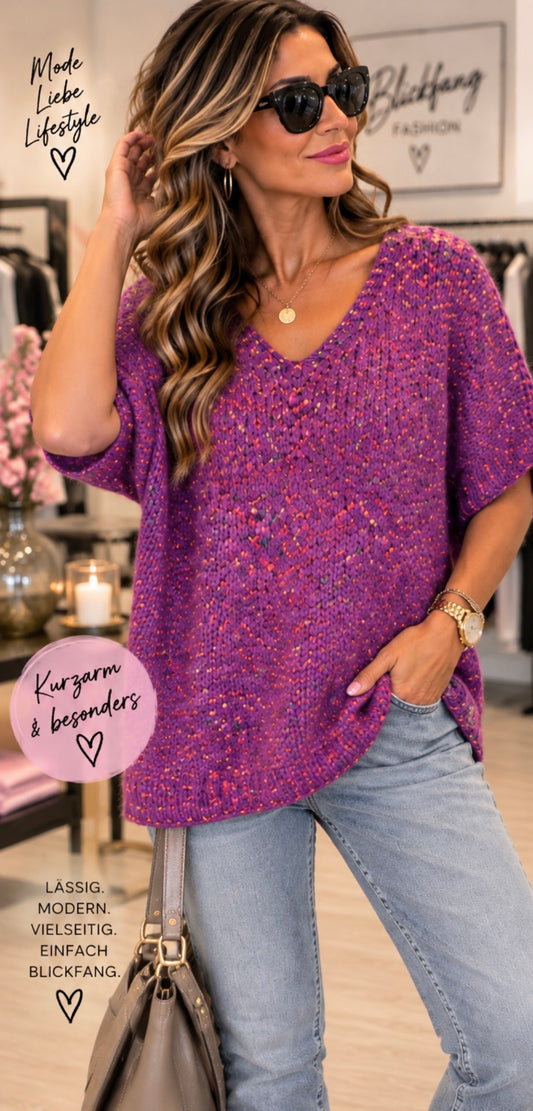 Purple Dream – Flauschiger Oversize-Strickpullover mit bunten Farbtupfern | Größe 44–52 💜