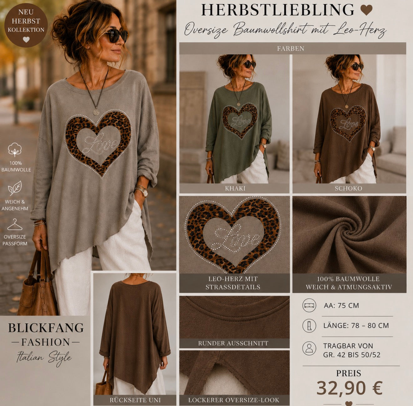 🤎 Blickfang Herbstliebling – Oversize Baumwollshirt mit Leo-Herz