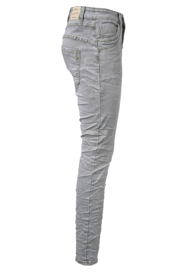 Jewelly Damen Stretch Jeans Five-Pocket im Crash-Look | Boyfriend Hose mit sichtbarer Knopfleiste
